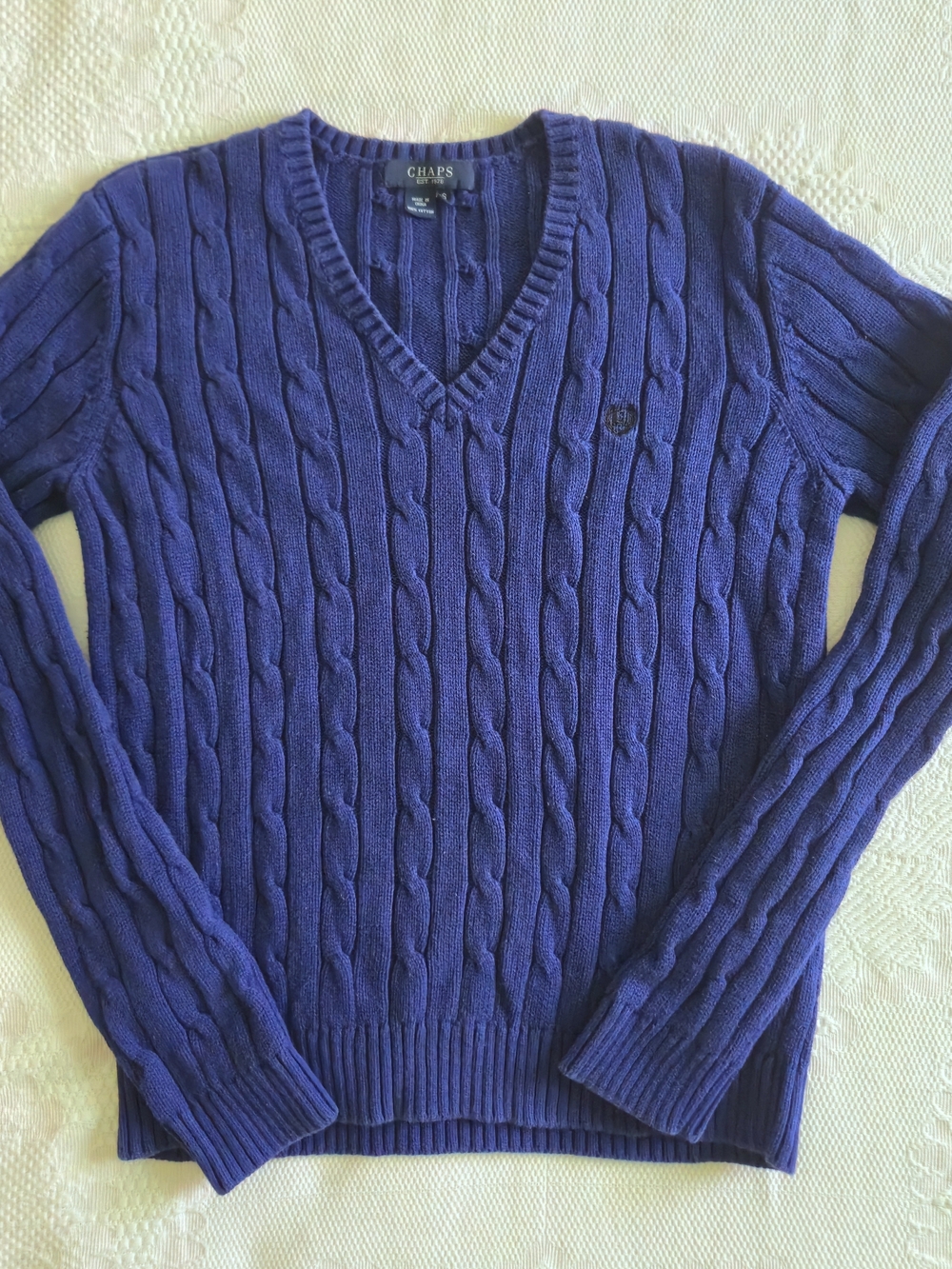 Chaps Women V-Neck Cotton Cable Knit Sweater Deep Blue Indigo Fall Spring Size S